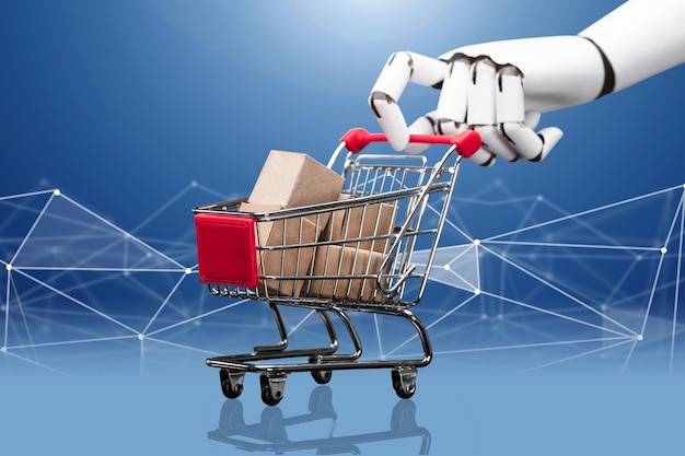 robotic hand holding shopping cart filled with cargo boxes