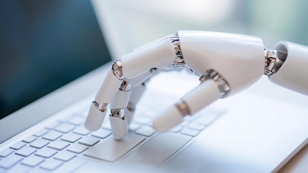 Robotic hand interacting with laptop keyboard in a modern workspace environment