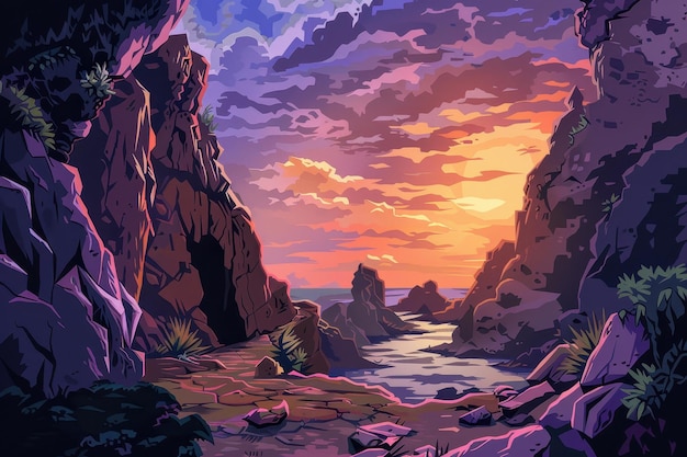 rocky canyon landscape with vibrant sunset and purple clouds