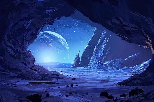 Rocky cavern entrance to an icy moon landscape with a distant blue planet
