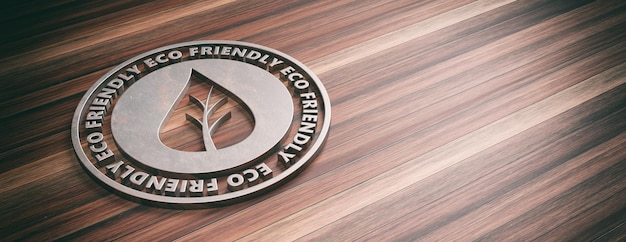 Round metal sign with text eco friendly on wooden background banner copy space 3d illustration