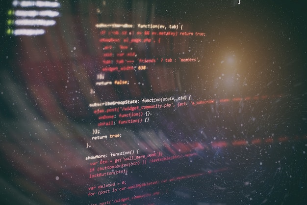running computer data / www programming. coding script text on screen. notebook closeup photo.
