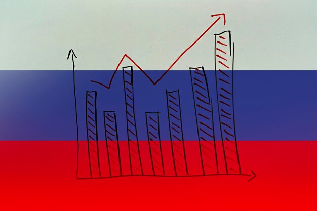 Russia bar chart graph with ups and downs developing and improving concept Russia country flag