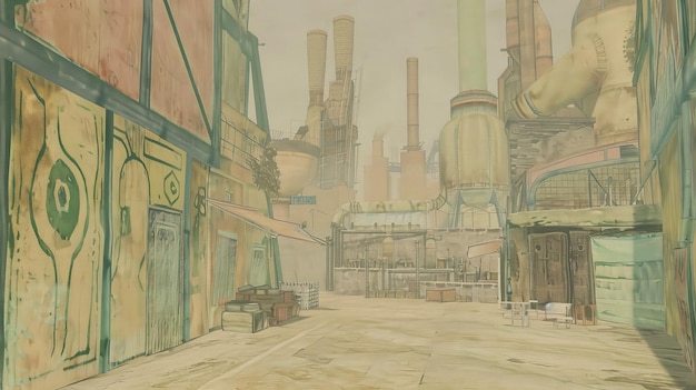 rustic industrial cityscape with smokestacks and buildings creating a surreal and artistic atmosphere in an urban environment