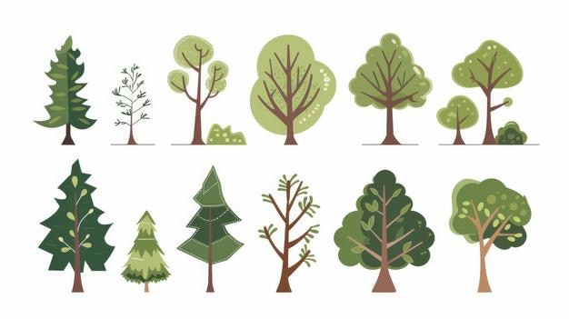 Sæt med cartoon-træer isoleret på hvid baggrund. Simpel moderne stil. Søde grønne planter fra skoven