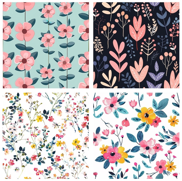 Sæt med farverige blomstermønstre illustrationer