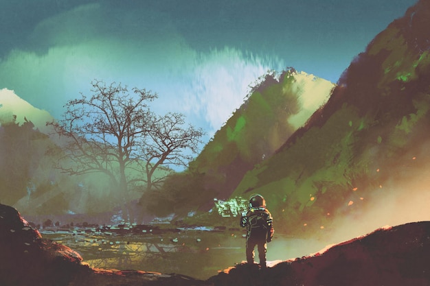 sci-fi concept of the astronaut exploring living things on the planet, illustration painting