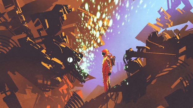 sci-fi scene of astronaut standing in front of control panel in futuristic factory, digital art style, illustration painting