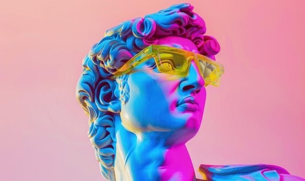 sculpture of david wearing yellow glasses on a pink background