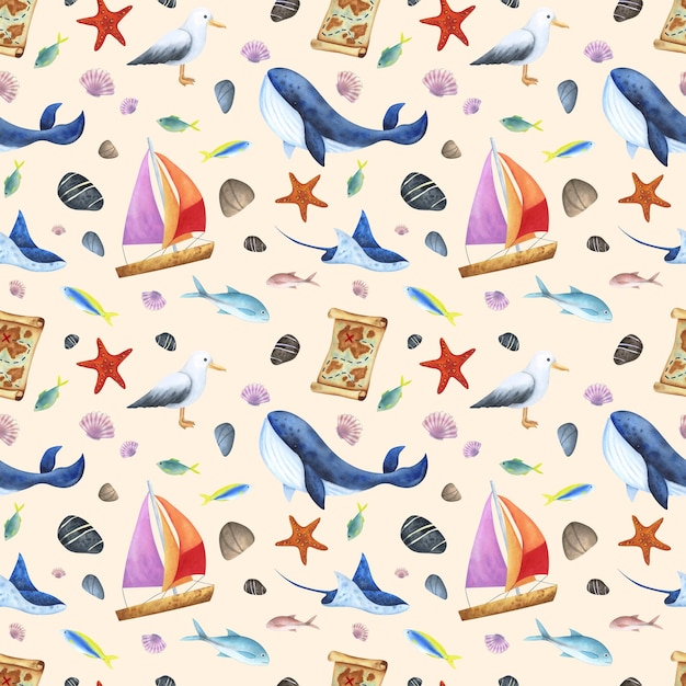 Sea animals whale stingray fish map ship shells stones on a light background watercolor illustration