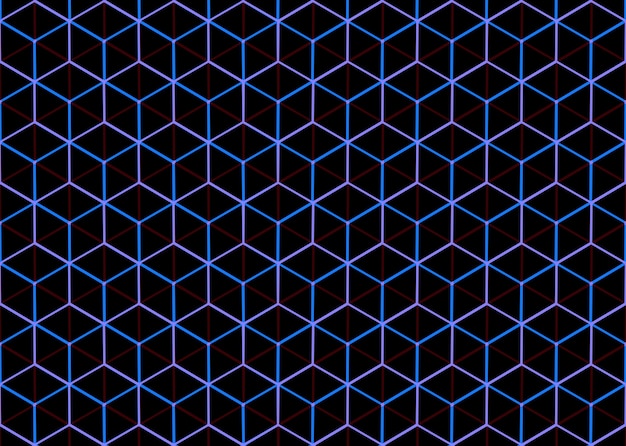 seamless abstract neon blue and violet light style hexagon cube pattern wall background.