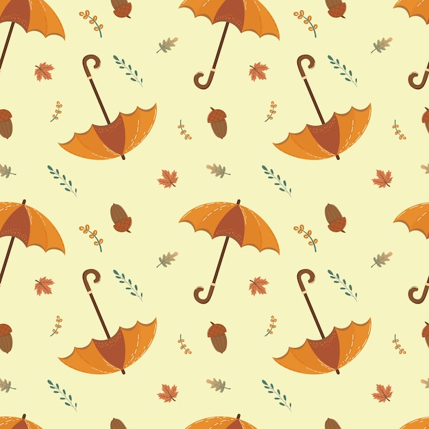 Seamless autumn pattern with umbrellas acorns leaves and twigs in warm cozy fall colors