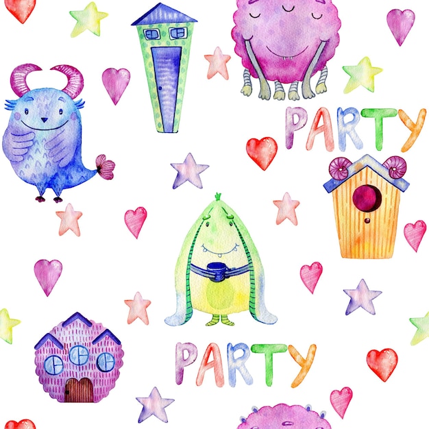 Seamless pattern with cartoon funny monsters