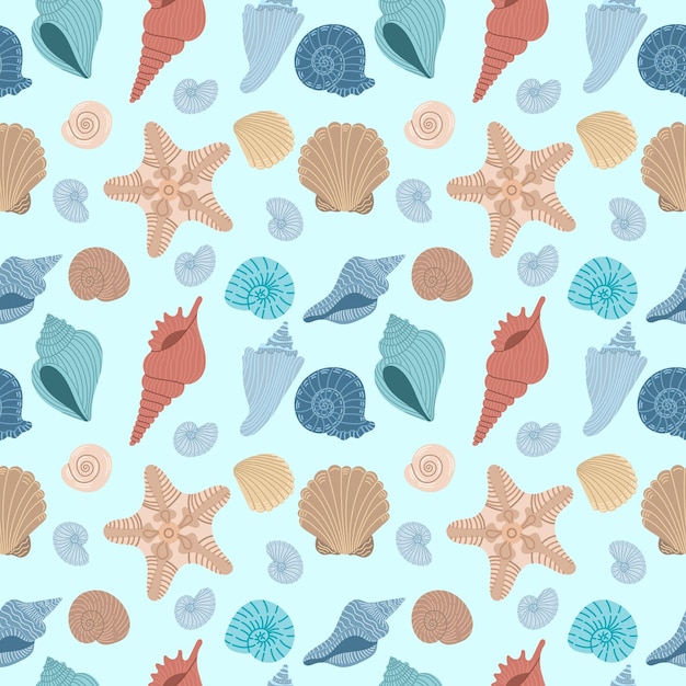 Seamless pattern with different sea shells on a light blue background Flat vector