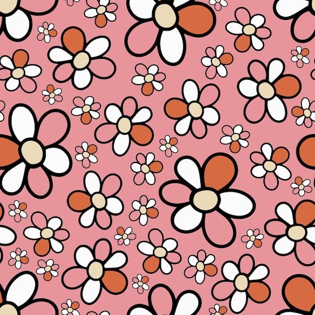 Seamless Pattern with Doodle Hand Drawn Daisy Flower on Pink Background