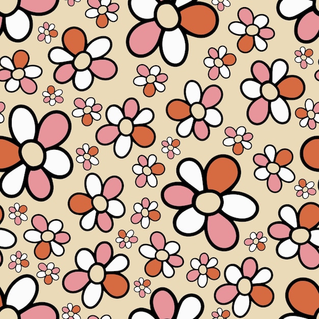 Seamless pattern with doodle hand drawn daisy flower on yellow background