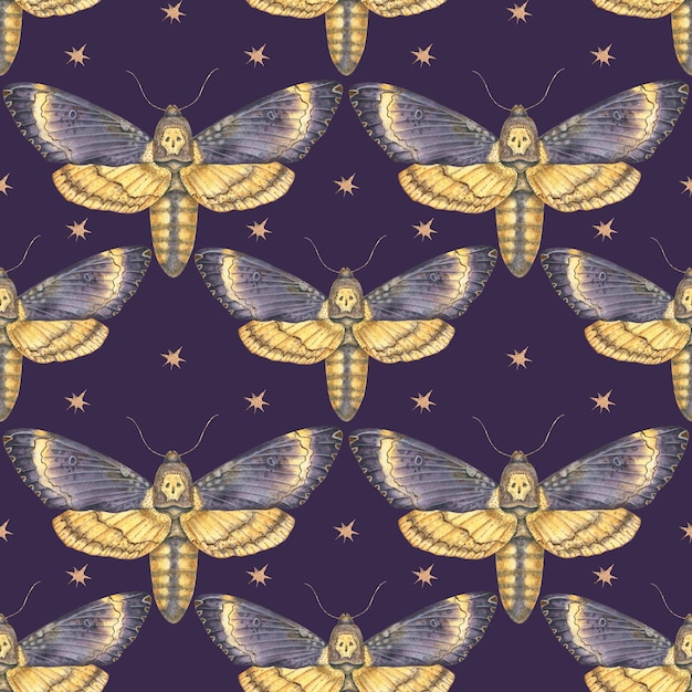 Seamless watercolor pattern featuring deathshead hawkmoth butterflies