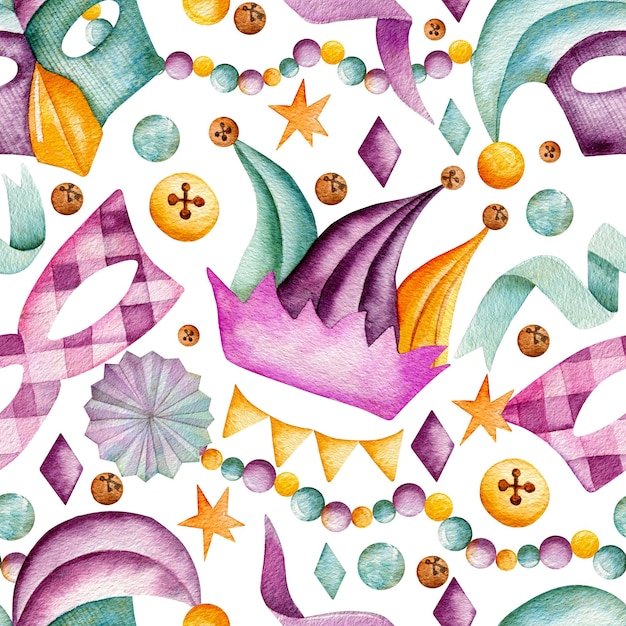 Seamless watercolor pattern masquerade masks jesters hat flag garland confetti stars bells beads