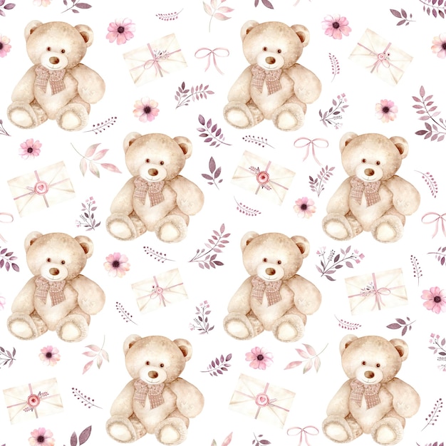 Seamless watercolor pattern with teddy bear envelopes and flowers the illustration is hand drawn the