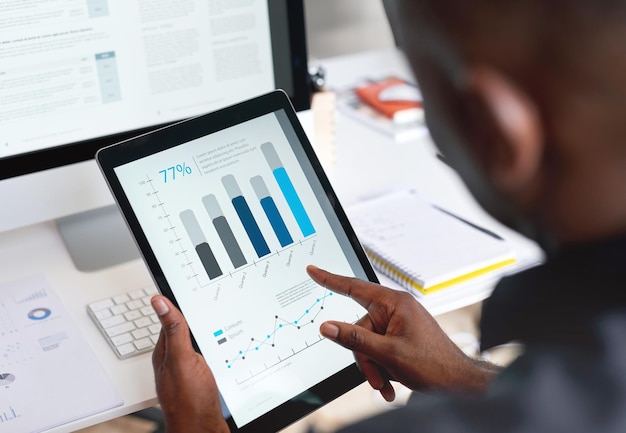 Search data analysis or black man hands on tablet in digital agency for company growth strategy review or KPI graph chart in office Startup worker for SEO analytics or planning company sale report