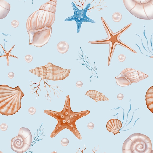 Seashell and Pearls Pattern on isolated background Hand drawn vintage watercolor seamless ornament with Sea Shells and stars for wrapping paper or textile in nautical style