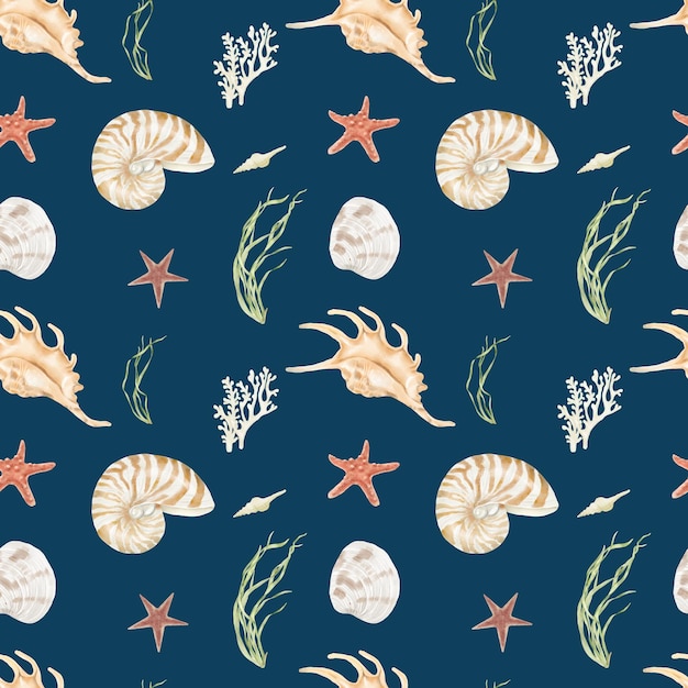 Seashells and wavy algae seamless pattern Watercolor illustration Corals starfish and underwater spiral shells isolated on a white background Elements of the underwater world