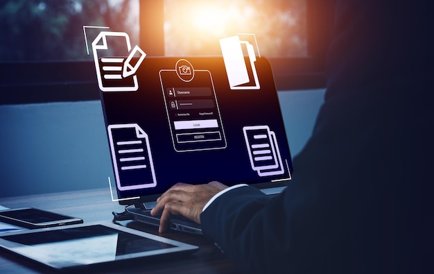 security computer login businessman working laptop computer on virtual screen documents with checkbox listslogin and password cyber security concept data protection and secured internet access