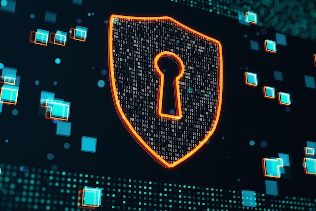 security net and data protection concept with digital shield symbol with covered by binary code on abstract dark technological background with blue pixels 3d rendering