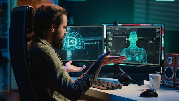 self aware ai gaining anthropomorphic form inside cyberspace waving hand