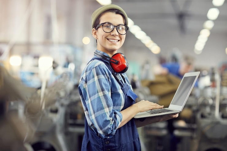 Foto selvsikker vedligeholdelsesingeniør på industrifabrik
