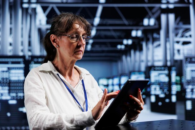 Senior IT developer using tablet to assess server cybersecurity issues arising due to unsecured network connections Efficient manager ensuring high tech establishment is impenetrable by ddos attacks