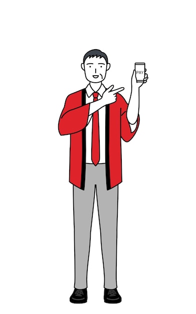Senior man wearing a red happi coat recommending cashless online payments on a smartphone