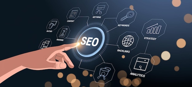 seo concept search engine optimization man hand using laptop computer with vr screen seo icon