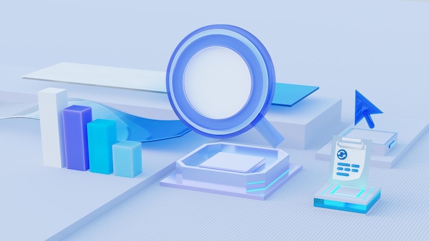 SEO or Search Engine Optimization digital grow marketing concept online business growth web analytics click search information on blue background illustration 3d render