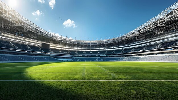 serene image of an empty soccer stadium with a pristine field