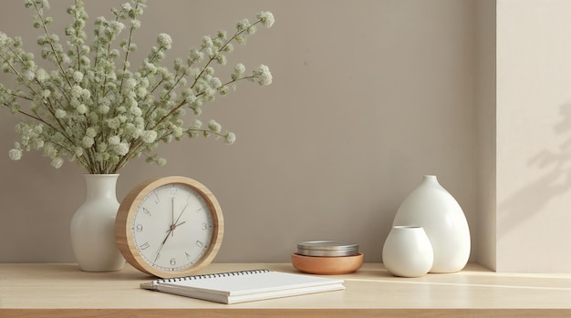 Serene Still Life with Flowers, Clock, and Decorative Elements