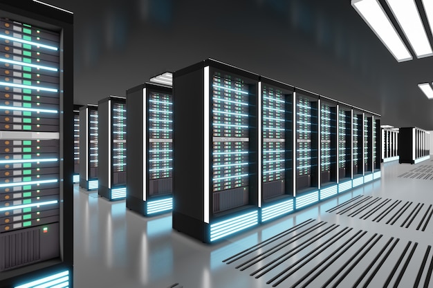Server computer room with light flare in the black color theme. 3D illusration rendering.