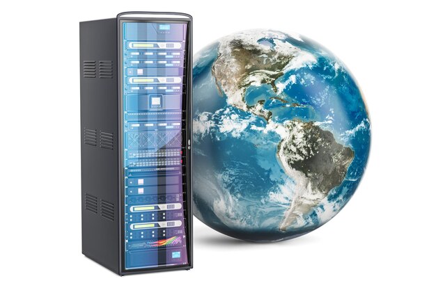 server rack with earth globe global internet concept 3d rendering