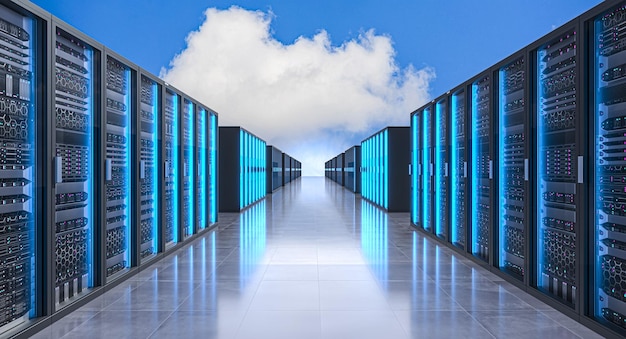 Server room hosting big data with cloud computing technology 3d
