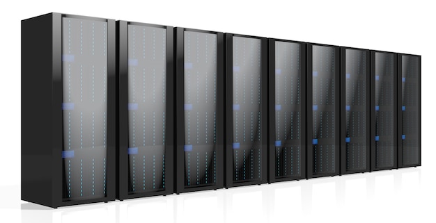 Serverrack i datacenter isolerade på vit bakgrund