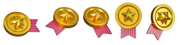 Set of 3d gold badge icon isolated on a white background 5 different angle quality guarantee wining awards icons 3d rendering