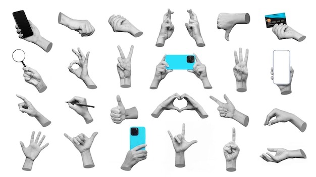 Set of 3d hands showing gestures ok peace thumb up dislike mobile phone holding magnifier