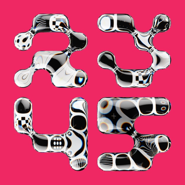 Set of 3d rendered font with abstract geometric shape and graphic pattern fill
