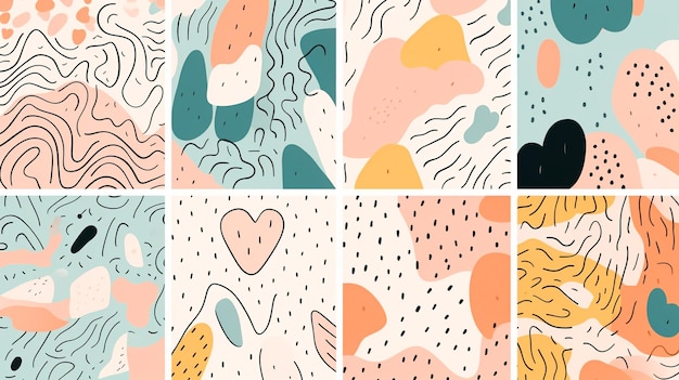 set of fun colorful line doodle seamless pattern creative minimalist style art background collection for children or trendy design with basic shapes generative ai
