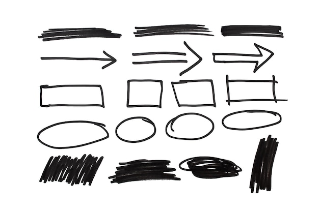 Set of hand drawn doodles square arrow circle stroke on isolated white background