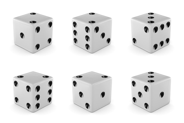 Set of six white dice with different numbers 3d rendering