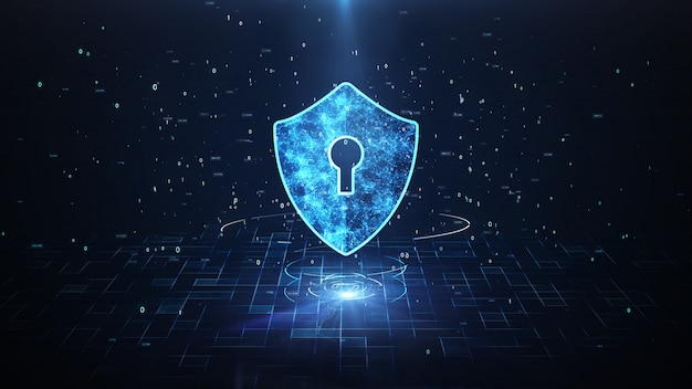 Shield Icon In Cyber Space.Cyber Attack Protection For Worldwide Connections