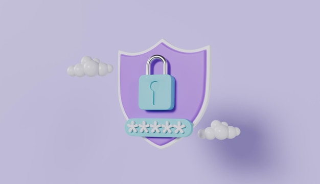 Shield with padlock security and safety concept closed lock on shield and password field Internet