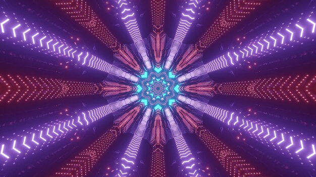 shiny 3d illustration abstract visual background with symmetric colorful neon rays forming circular pattern for futuristic sci fi concept designs