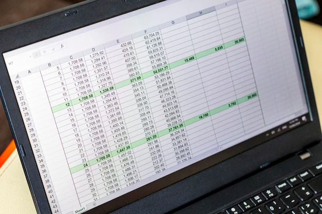 Shot of an excel sheet on computer screen showing bank loan amortization table banking